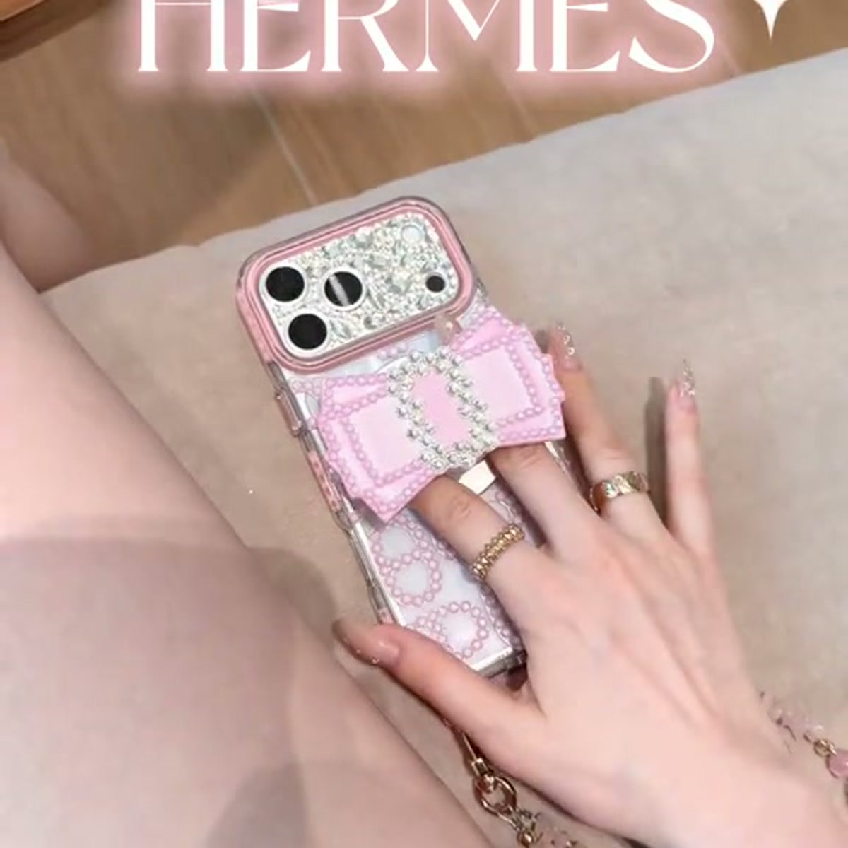 Blush Crystal Bow Chain iPhone Case