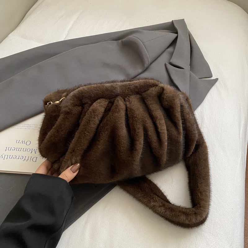 Fluffy Small Messenger Bag Cute Drawstring One Shoulder Fashionable Folds