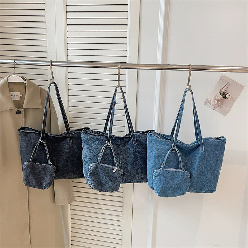 Retro Denim Commuter Tote Bag Large Capacity Shoulder Bag