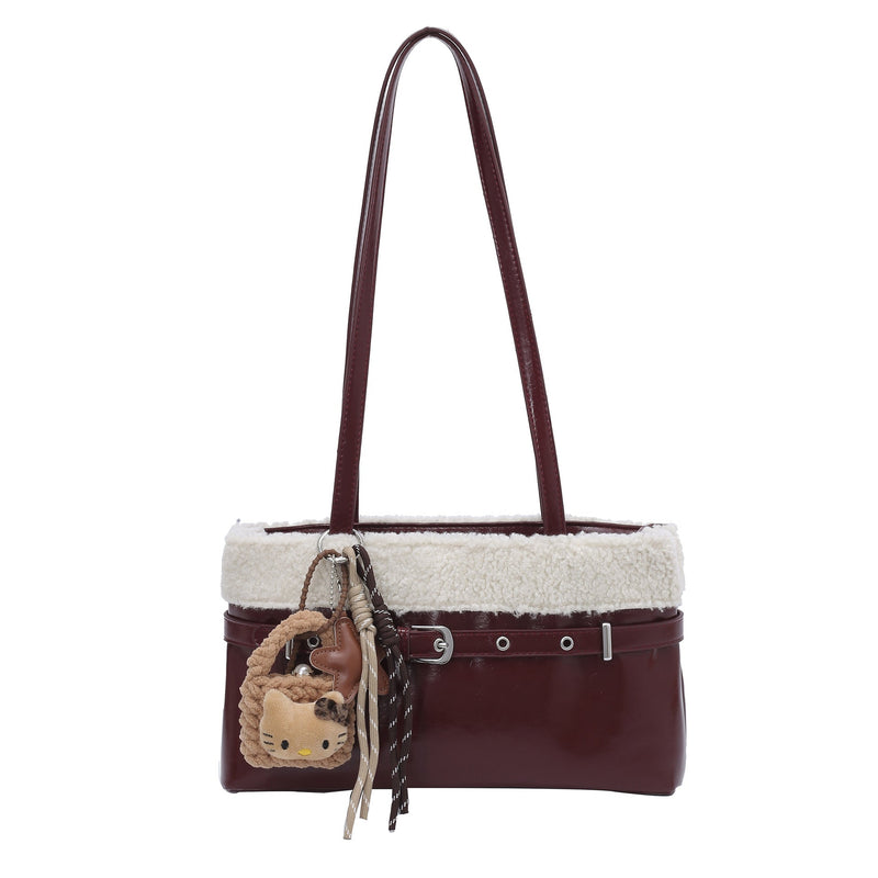 Retro Plush Splicing Shoulder Bag with Belt Buckle