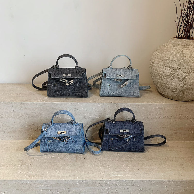 Premium Splicing Kelly Bag Women's Lock Denim Shoulder Bag