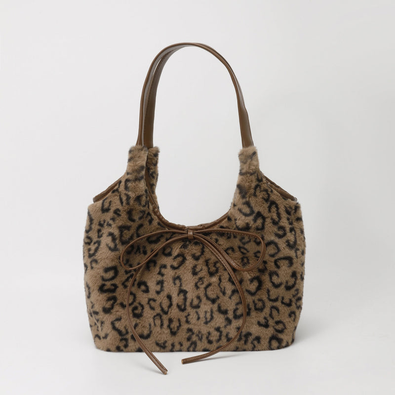 Leopard Print Plush Tote Bag for Women Light Luxury Commuter Bag