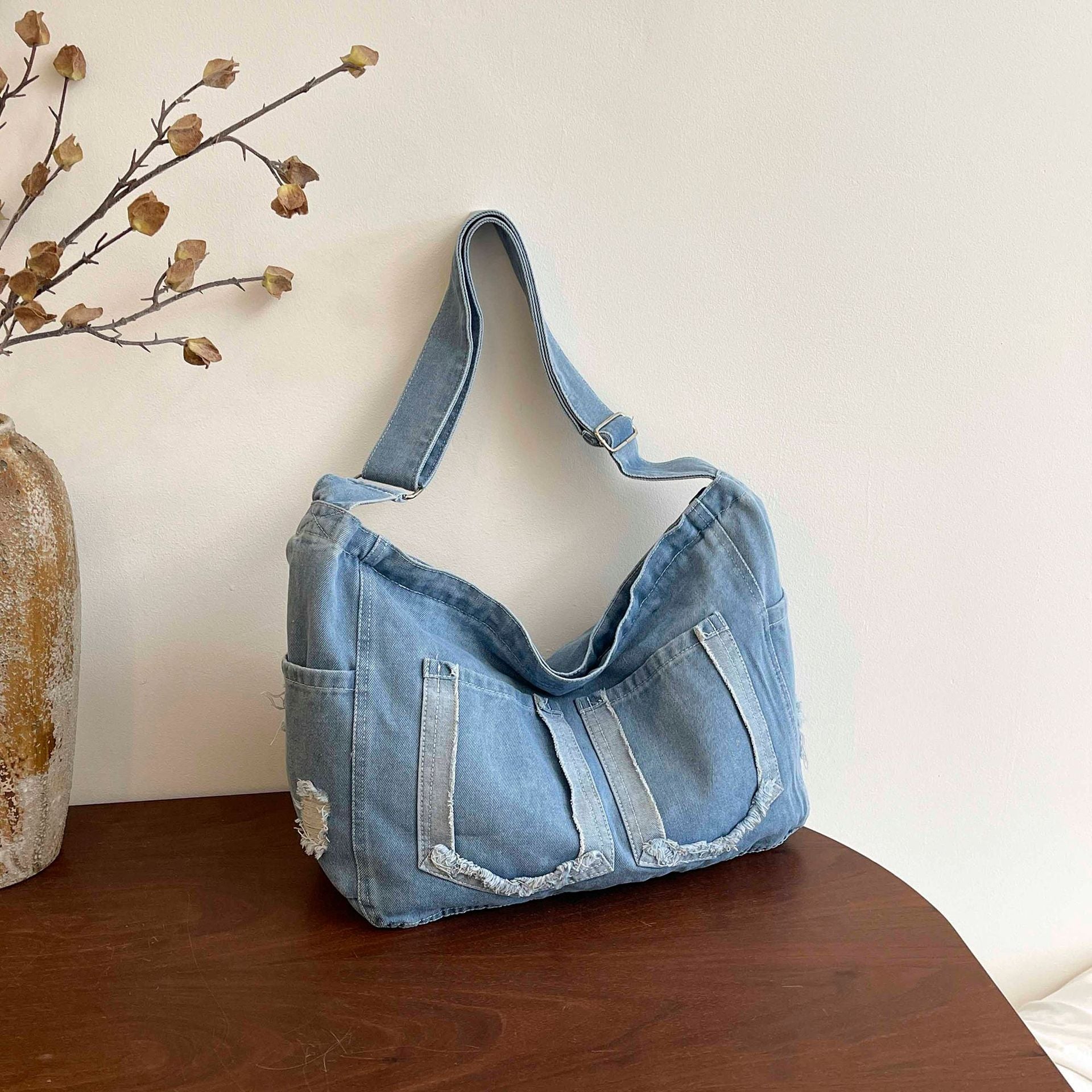 Personalized Raw Edge Denim Shoulder Bag Casual Messenger Bag