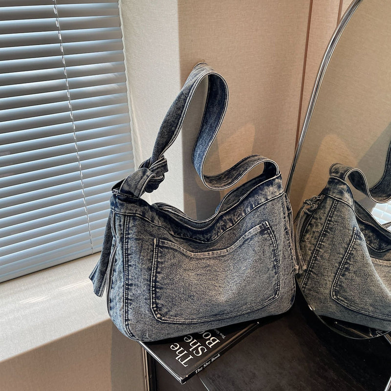 Splicing Contrast Shoulder Bag Denim Messenger Large Capacity Pillow Bag