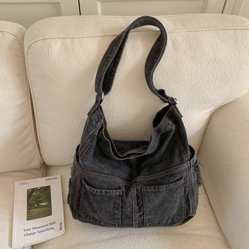 Retro Denim Shoulder Tote Bag Large Capacity Work Commuter