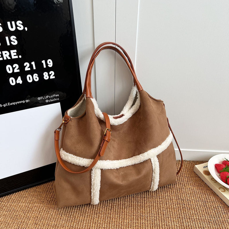 Plush Contrasting Color Messenger Tote Bag Large Capacity Shoulder Bag