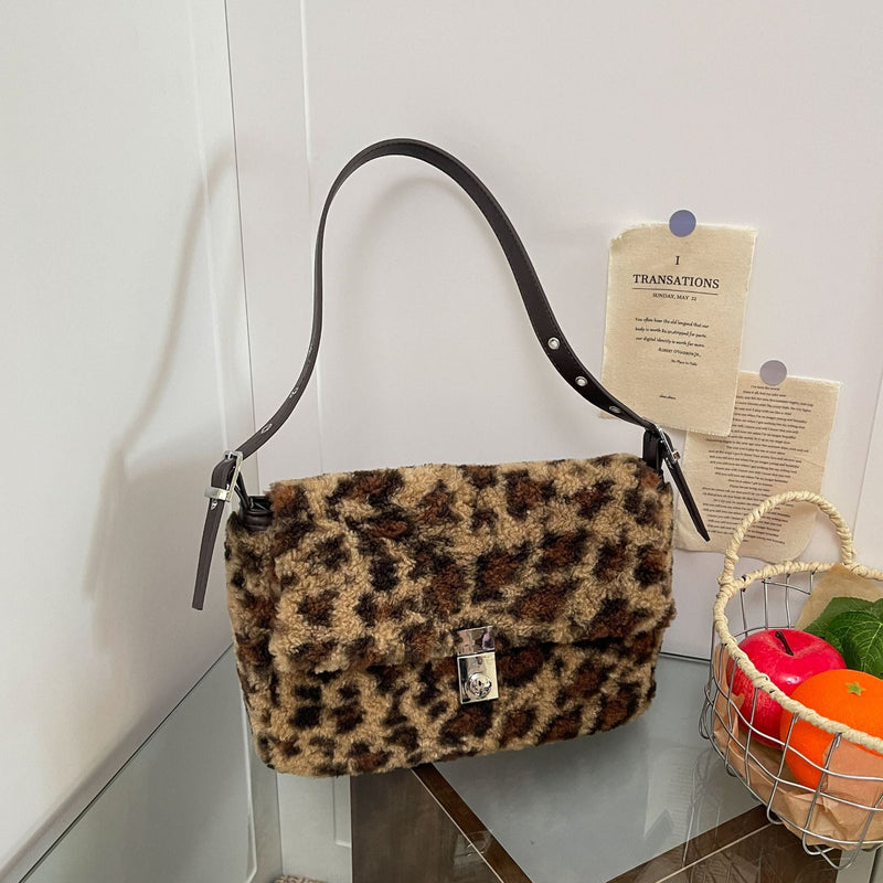Super Fire Leopard Print Plush Bag Women's Trendy Underarm Bag