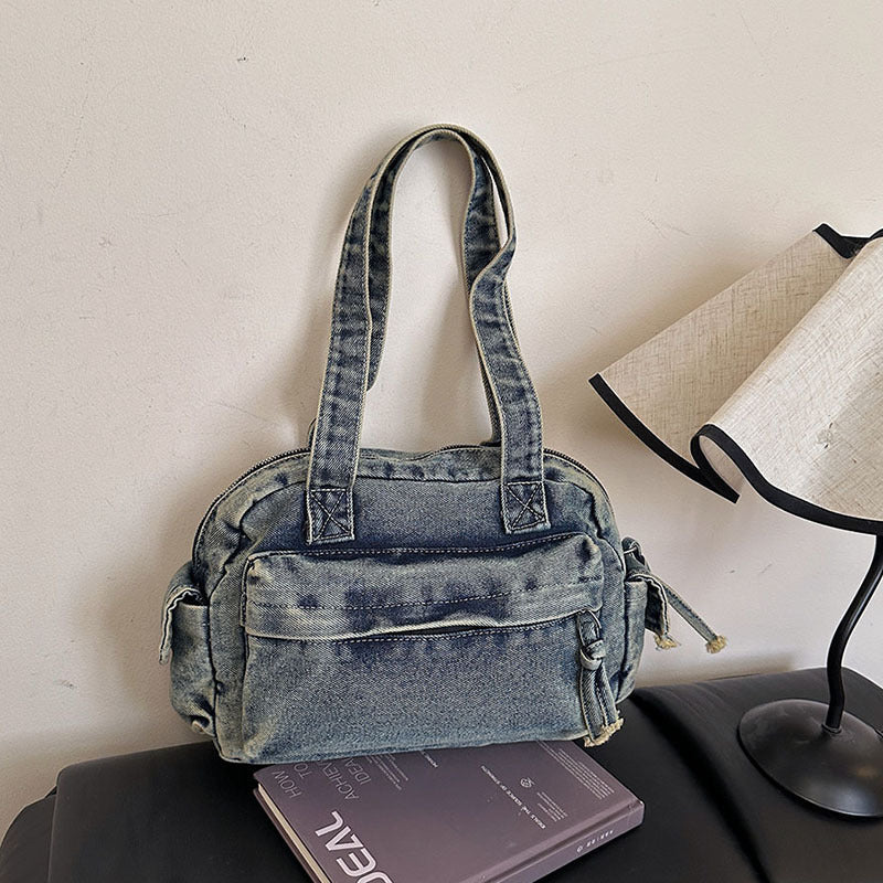 Large-Capacity Denim Tote Bag French Casual Commuting Retro Handbag