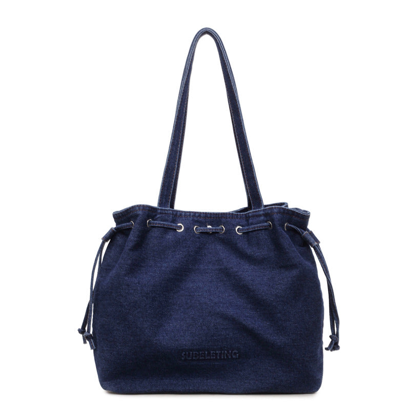 Retro Denim Drawstring Shoulder Bag for Commuting
