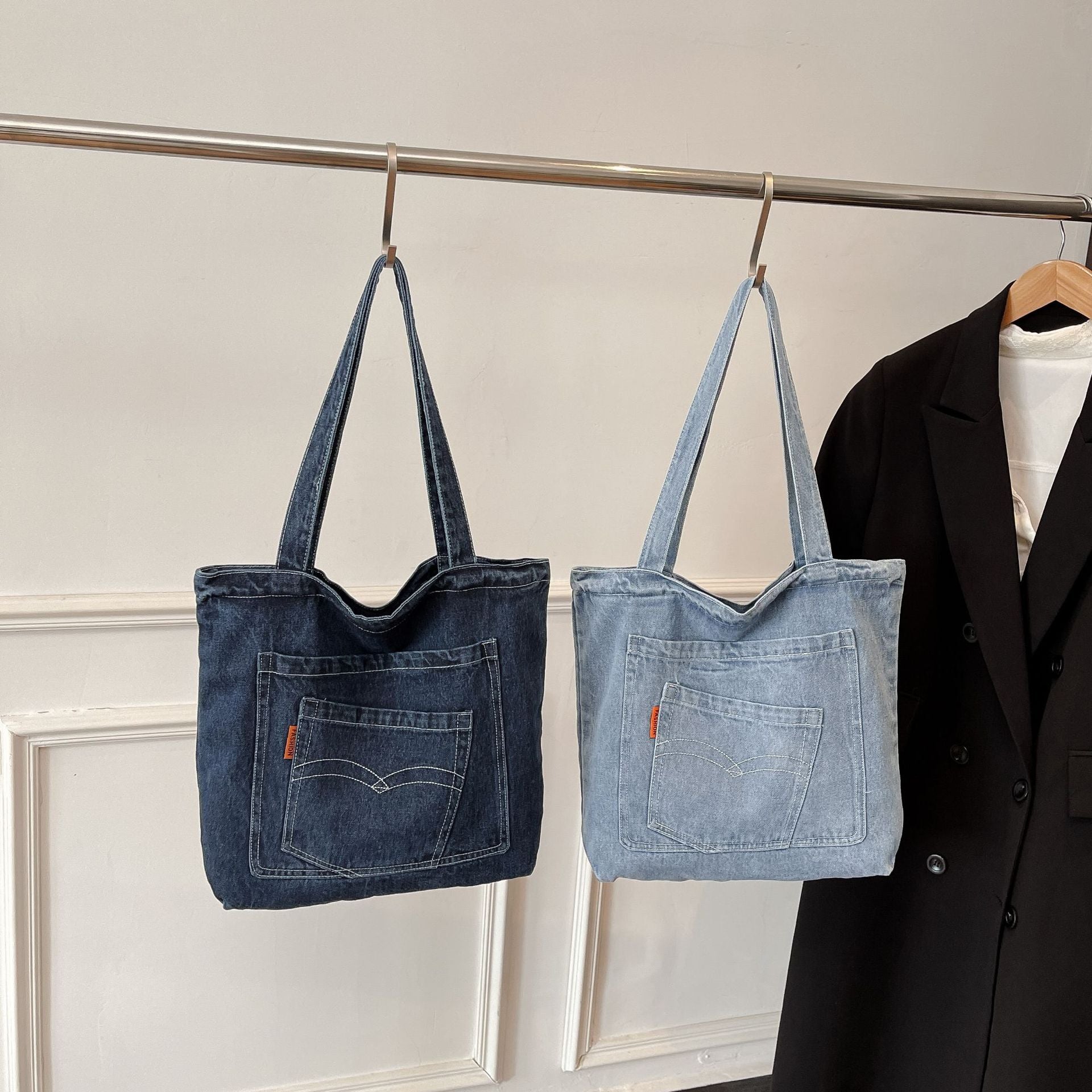Denim Commuter Shoulder Bag Large Capacity Simple Style