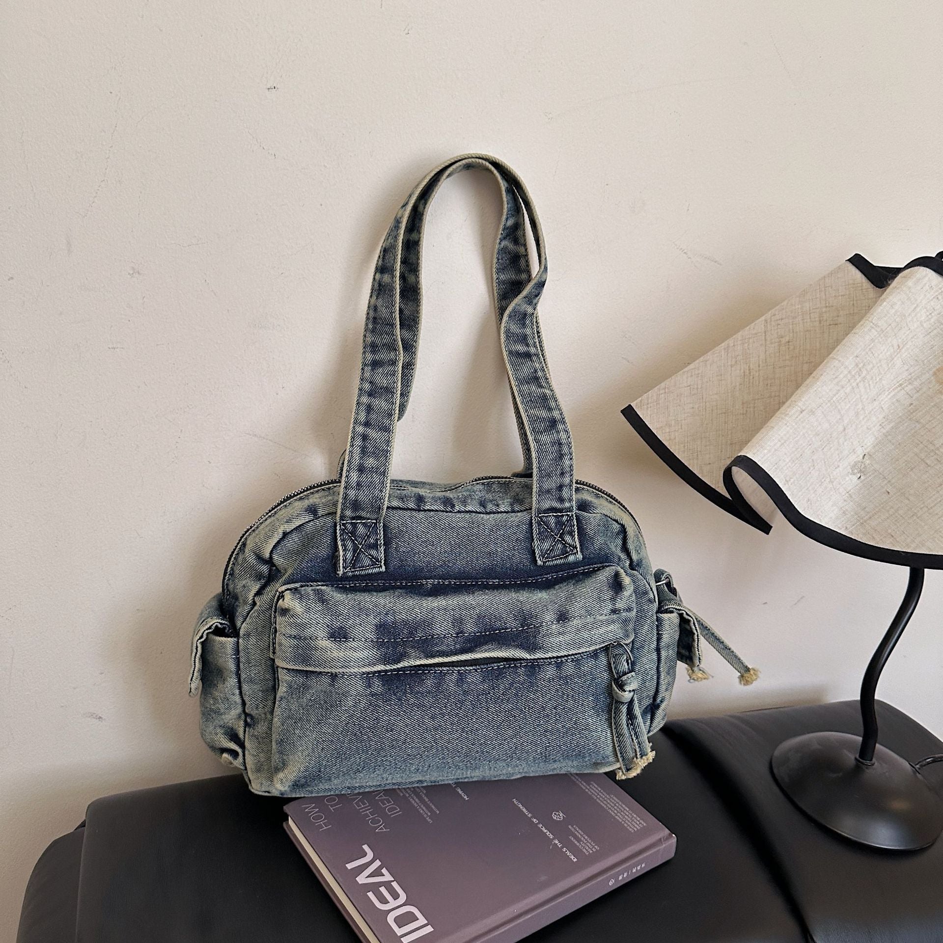 Large-Capacity Denim Tote Bag French Casual Commuting Retro Handbag