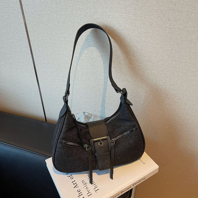 Retro Denim Crescent Shoulder Bag with Buckle
