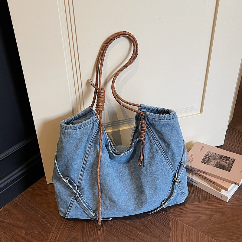 Retro Denim Commuter Shoulder Bag Large Capacity Light Able Tote