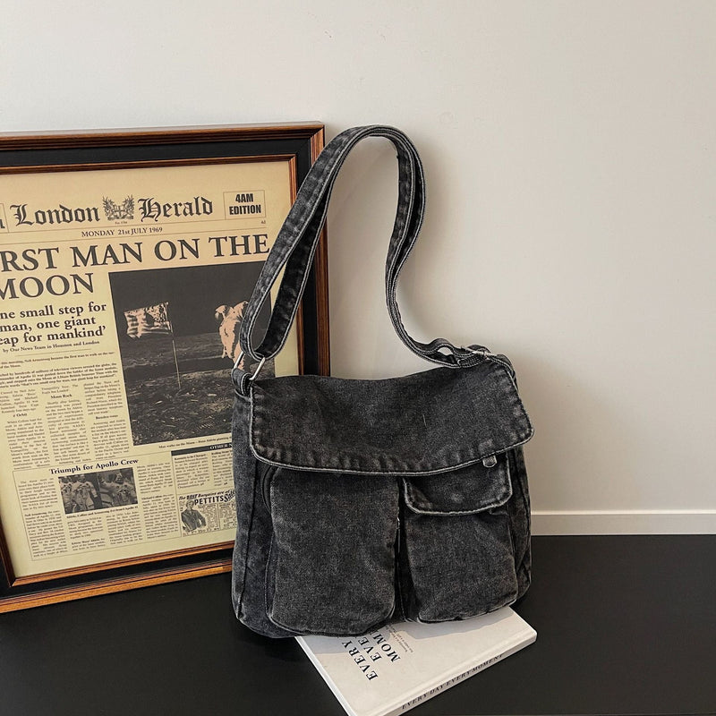 Retro Denim Messenger Bag Street Trend Casual Large Capacity Commuter Shoulder Bag