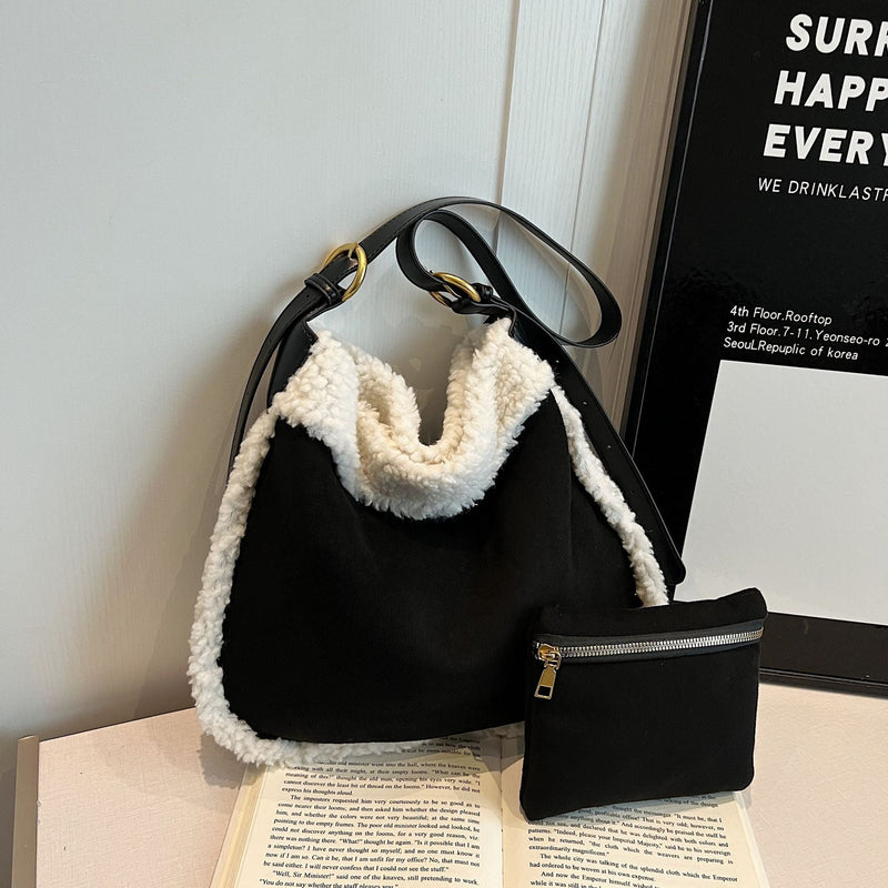 Contrasting Color Plush Bucket Bag Fashionable Lazy Wind Shoulder Bag