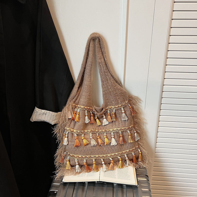 Ethnic Fringed Knitted Shoulder Bag for Women