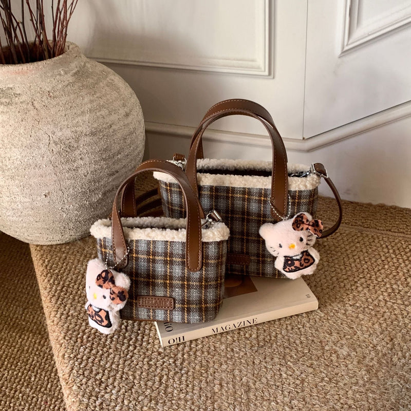Plaid Mini Bucket Bag Woolen Shoulder Bag
