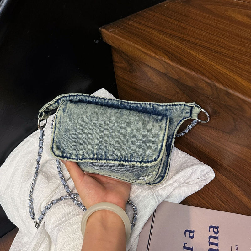 Cool Contrasting Color Denim Messenger Bag Splicing Pleated Shoulder Fanny Pack