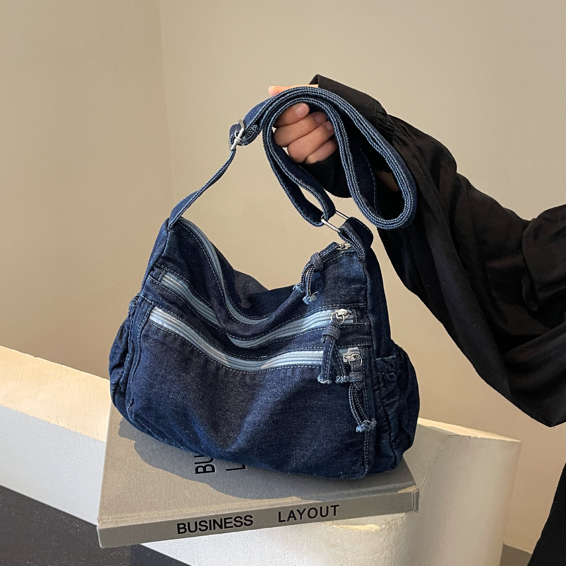 Plaid Denim Shoulder Bag for Women Spring Summer Large-Capacity Messenger Bag