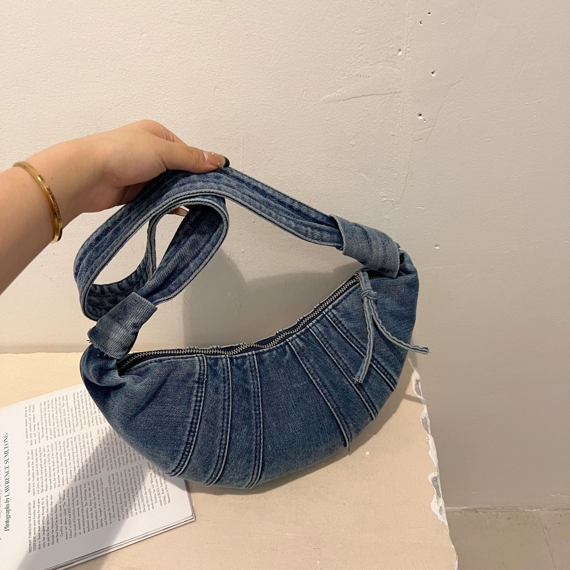 Large Capacity Pleated Denim Commuter Messenger Bag