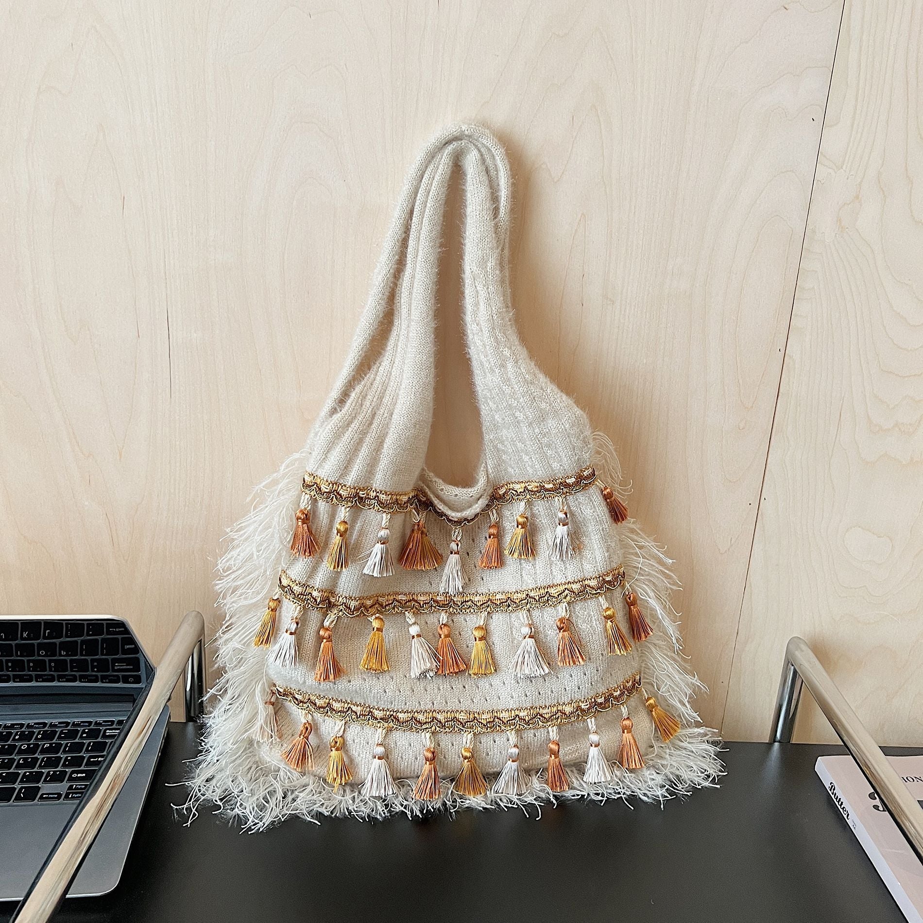 Ethnic Fringed Knitted Shoulder Bag for Women