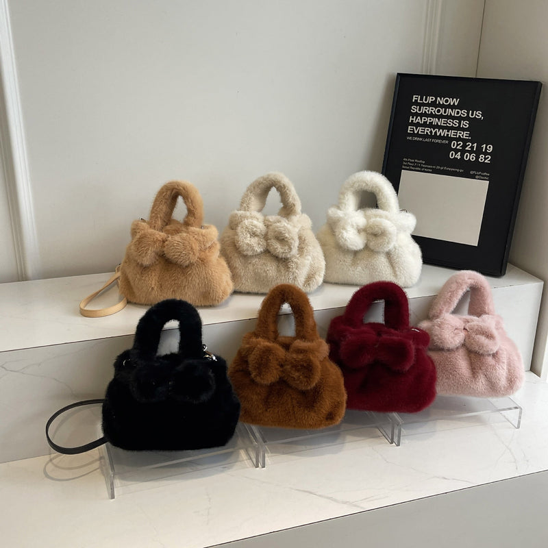 Retro Plush Bow Bag Fluffy Fashion Messenger Bag