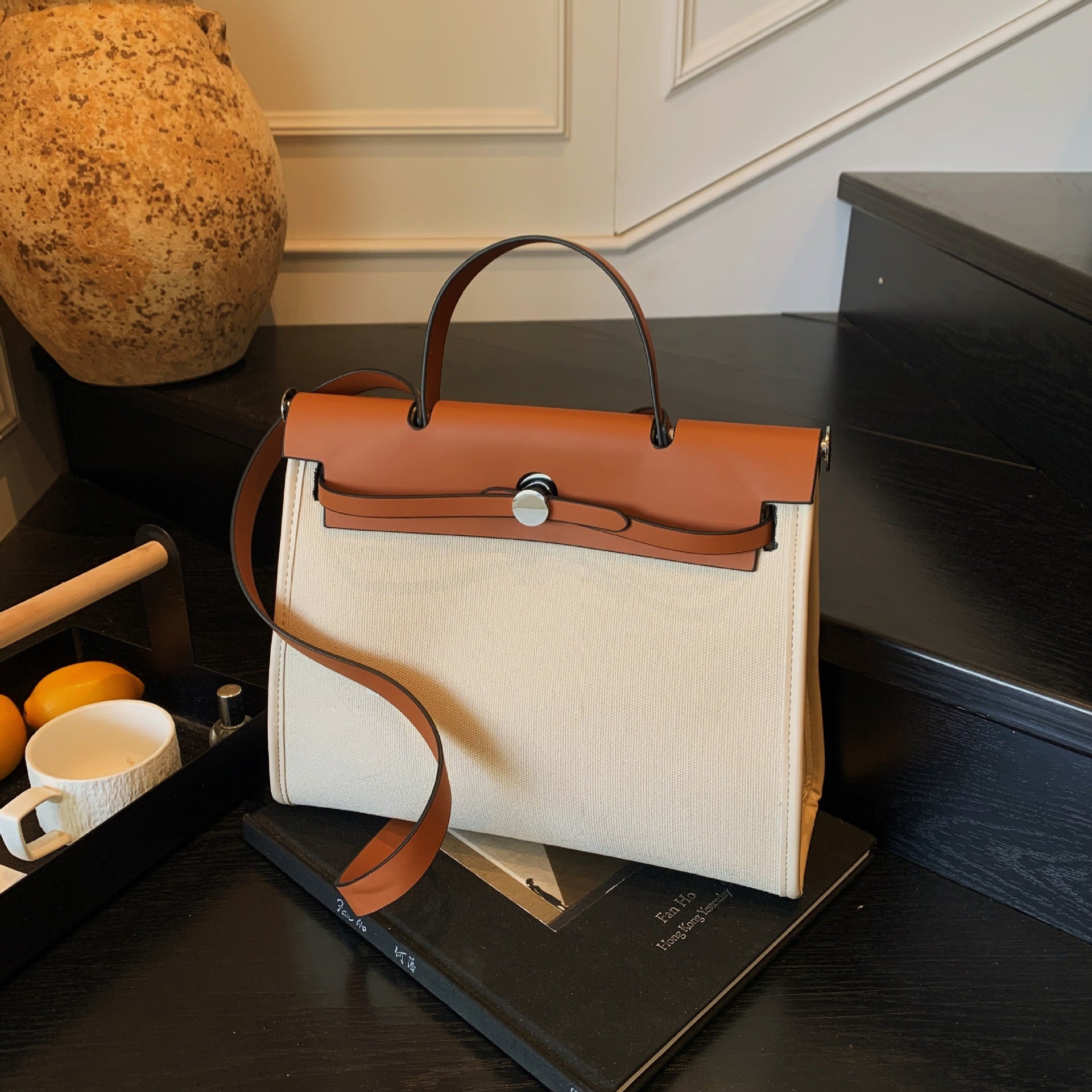 High-End Canvas Splicing Kelly Bag Large-Capacity Shoulder Bag