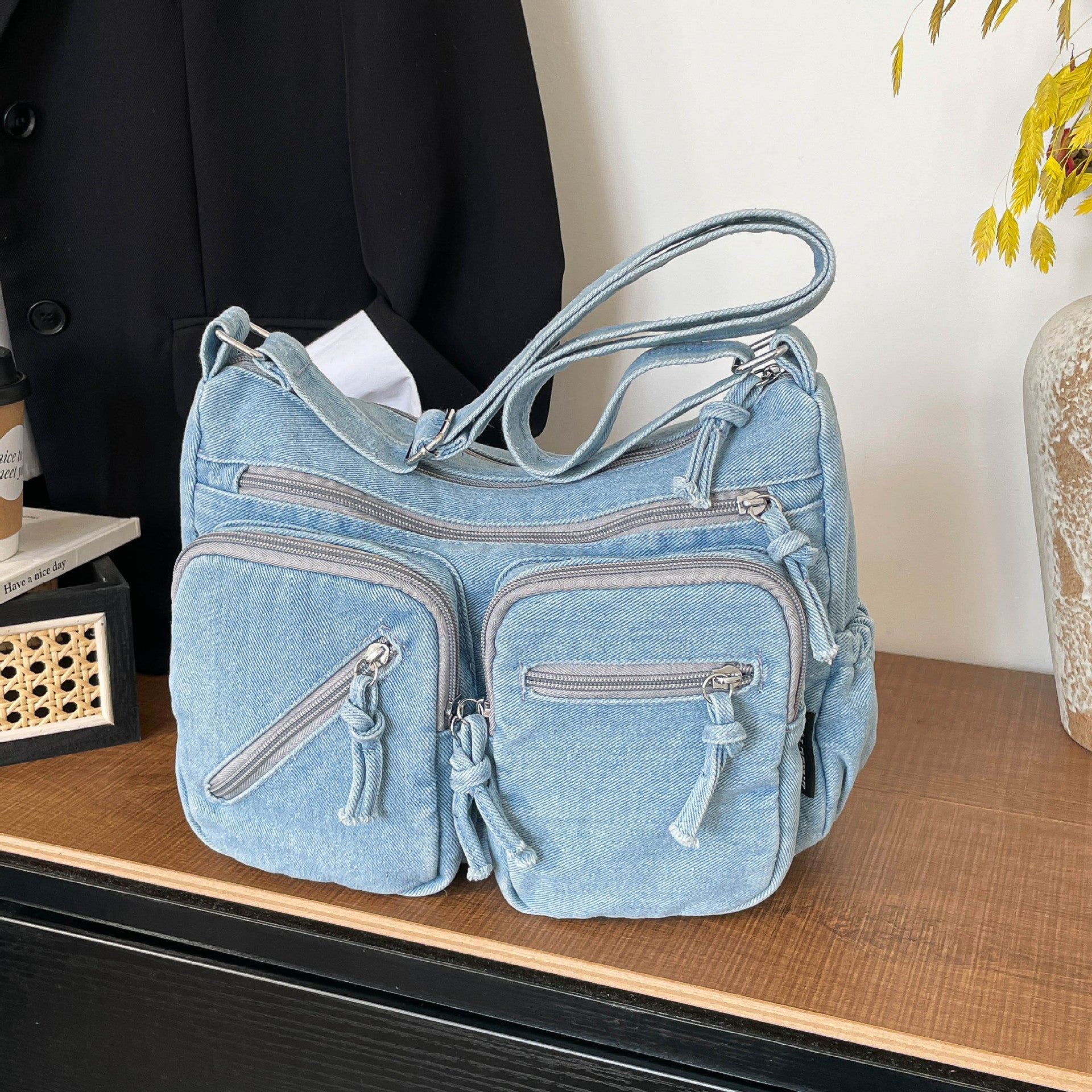 Trend Sense Denim Shoulder Bag Large Capacity Multi-Pocket Student Travel Messenger Bag