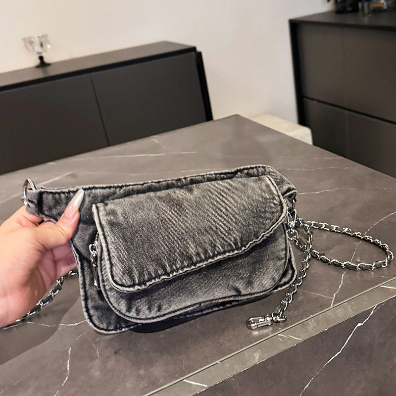 Cool Contrasting Color Denim Messenger Bag Splicing Pleated Shoulder Fanny Pack