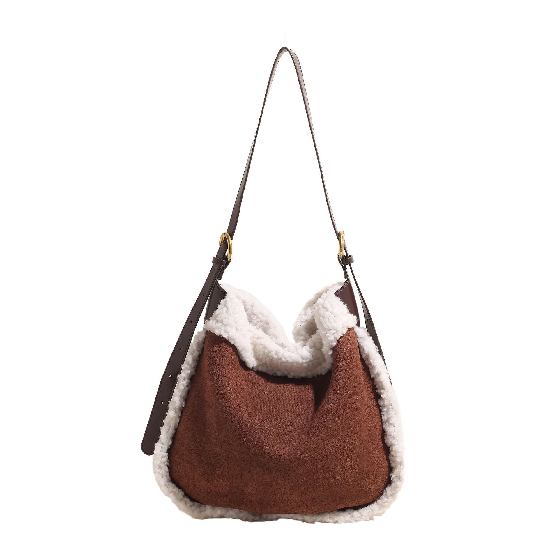 Contrasting Color Plush Bucket Bag Fashionable Lazy Wind Shoulder Bag