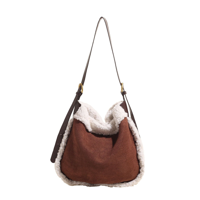 Contrasting Color Plush Bucket Bag Fashionable Lazy Wind Shoulder Bag