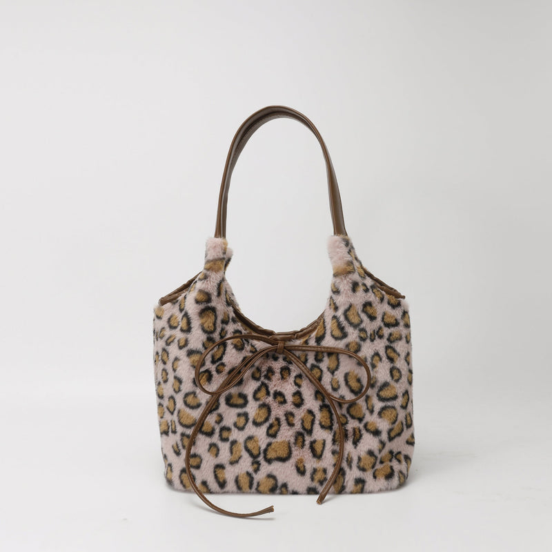 Leopard Print Plush Tote Bag for Women Light Luxury Commuter Bag