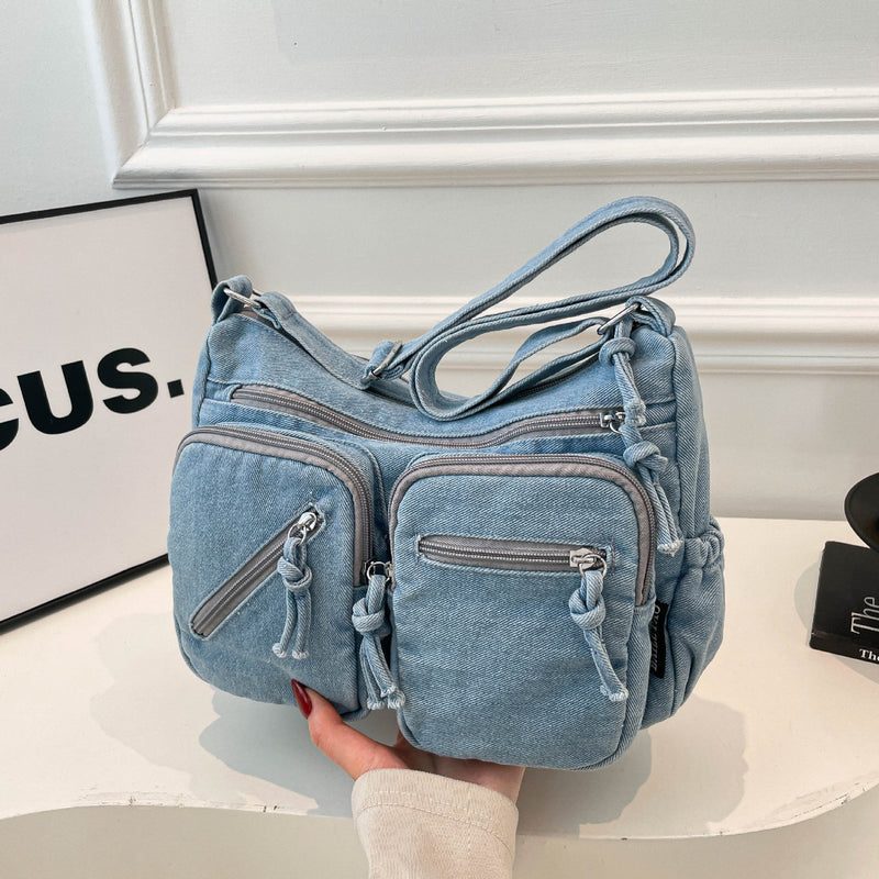 Trend Sense Denim Shoulder Bag Large Capacity Multi-Pocket Student Travel Messenger Bag