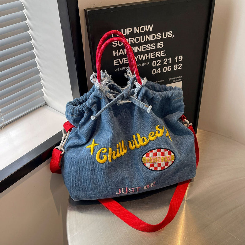 Ese Denim Embroidered Ballchain Tote Bag Large Capacity Shoulder Bag