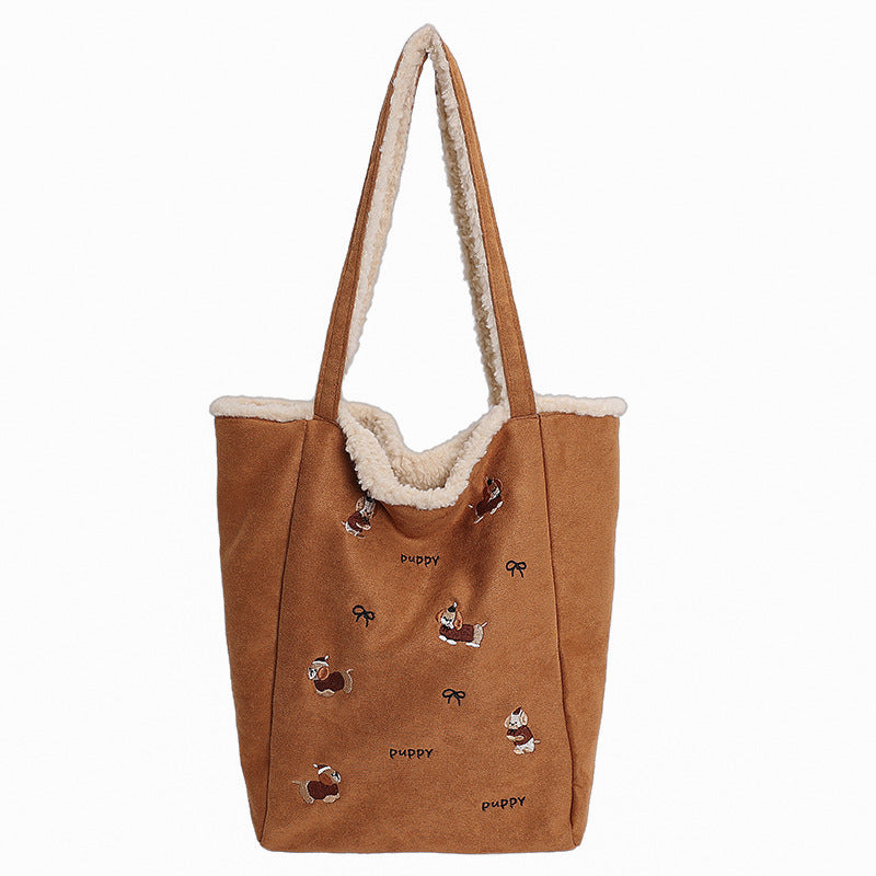 Large Capacity Embroidered Plush Shoulder Bag Double-Sided Design