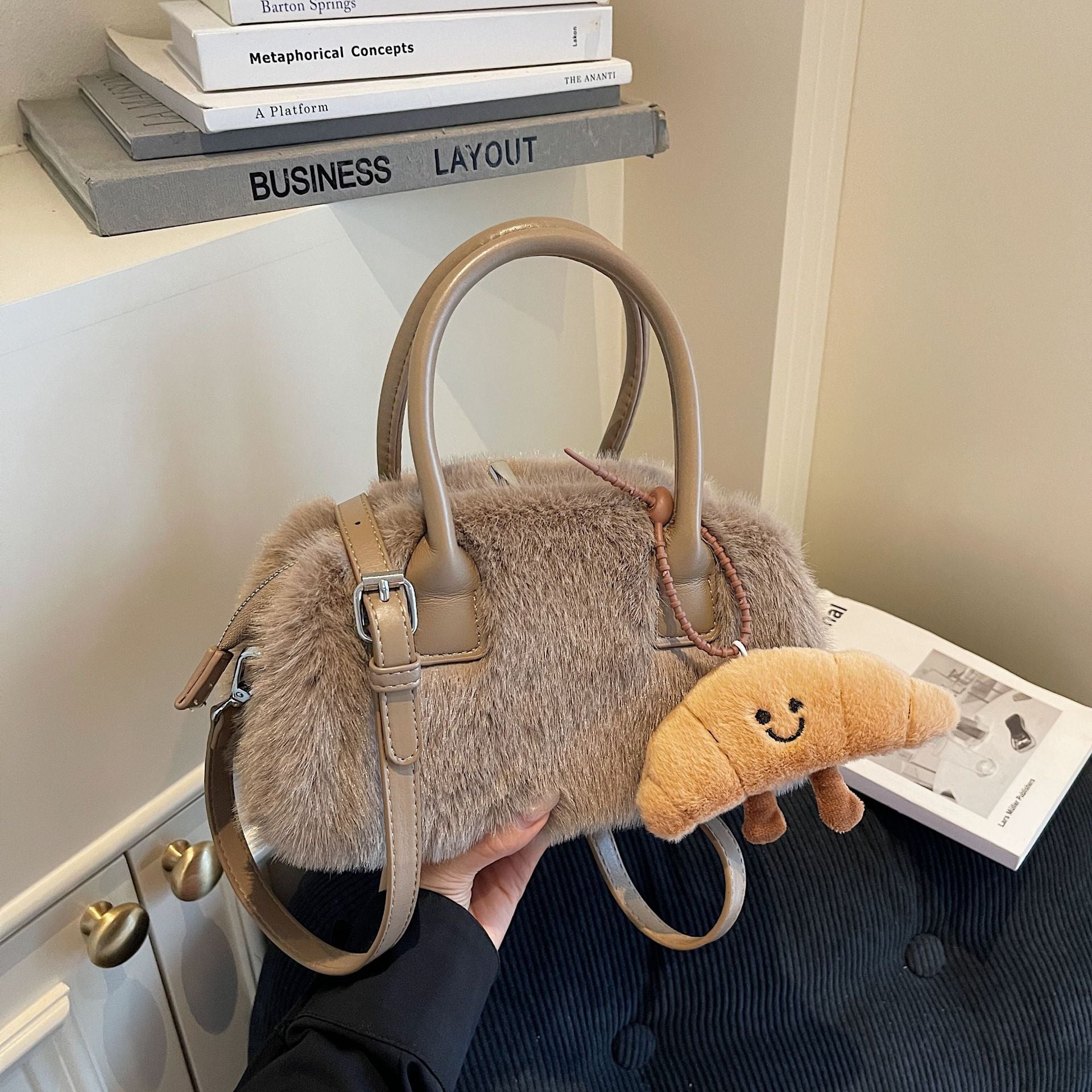 Contrast Color Plush Handbag Women Fashion Shoulder Bag