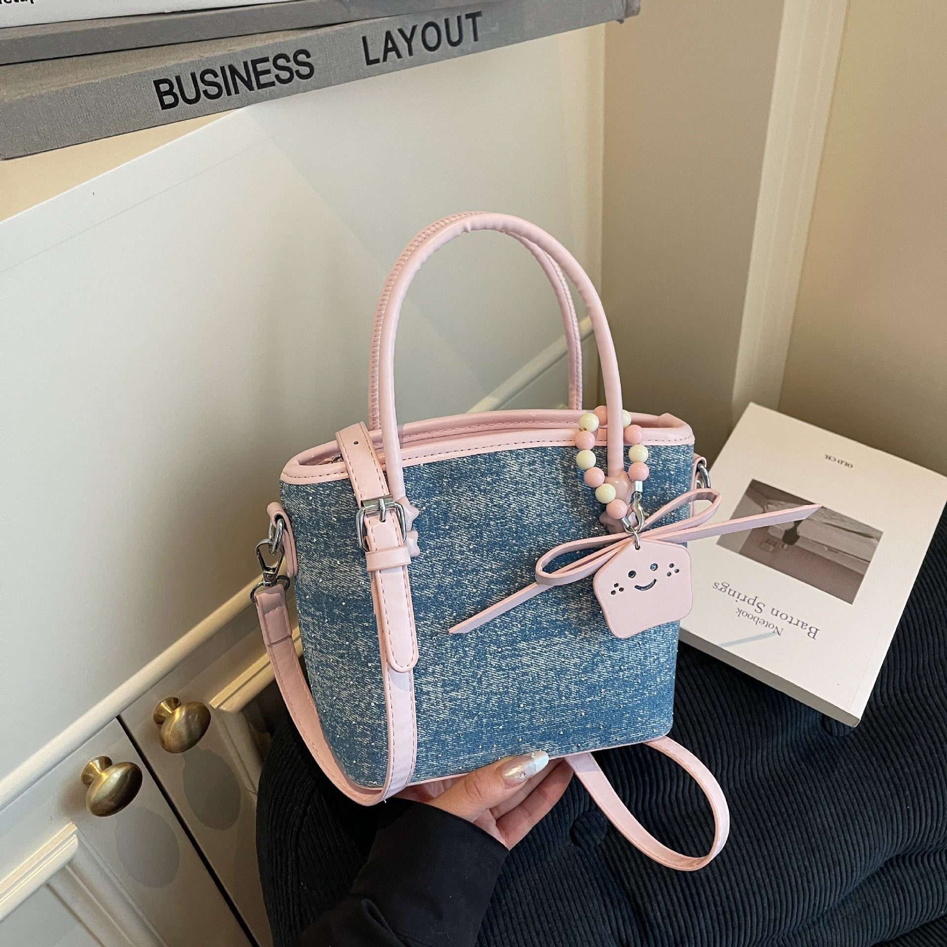 Denim Diamond Bucket Bag Commuter Vegetable Basket Handbag