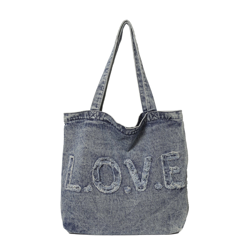 Ese Literary Embroidery Denim Shoulder Bag for Girls Large Capacity Commuter Tote