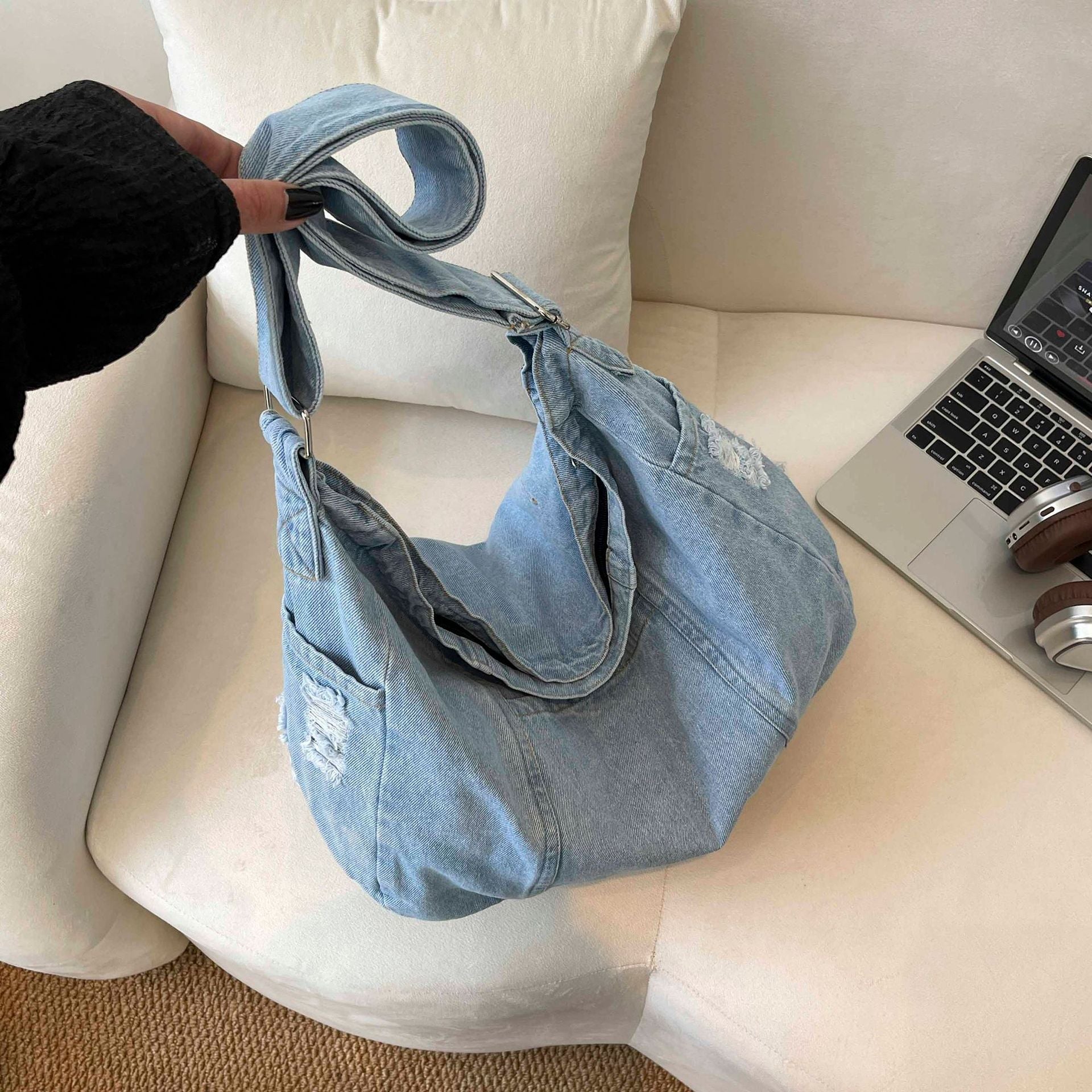 Harajuku Washed Denim Messenger Bag Literary Style Dumpling Bag