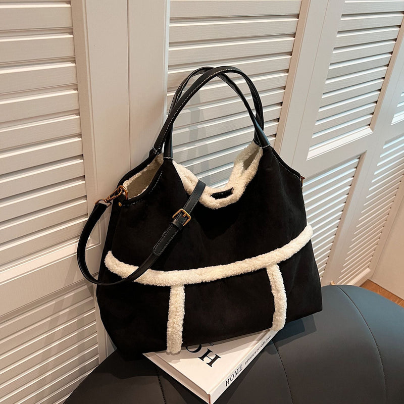 Plush Contrasting Color Messenger Tote Bag Large Capacity Shoulder Bag