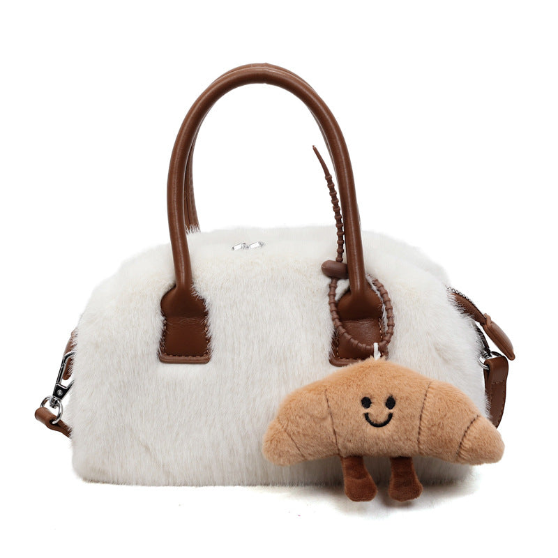 Contrast Color Plush Handbag Women Fashion Shoulder Bag