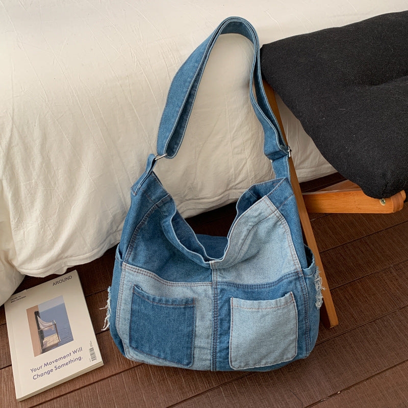 Retro Denim Shoulder Tote Bag Large Capacity Work Commuter