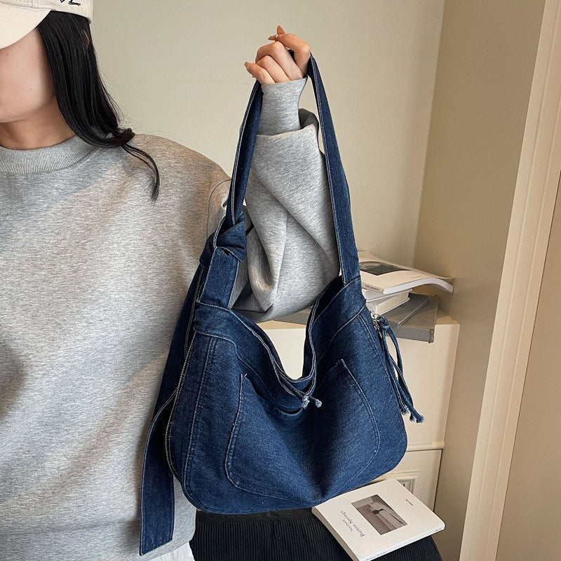 Splicing Contrast Shoulder Bag Denim Messenger Large Capacity Pillow Bag