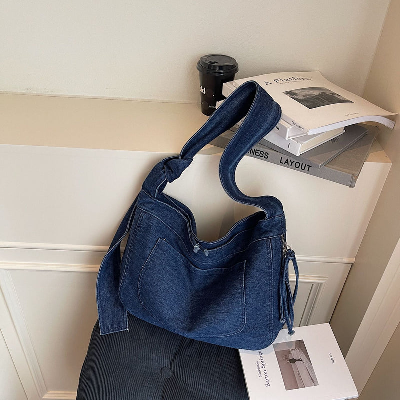 Splicing Contrast Shoulder Bag Denim Messenger Large Capacity Pillow Bag