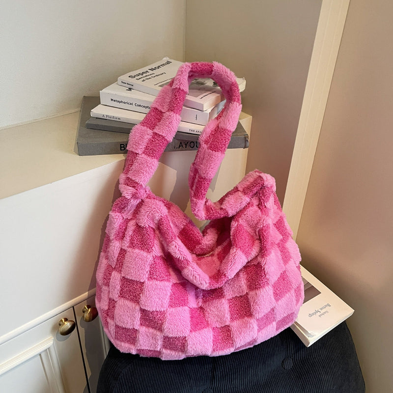 Checkerboard Plush Messenger Bag Versatile Commuter Fashion