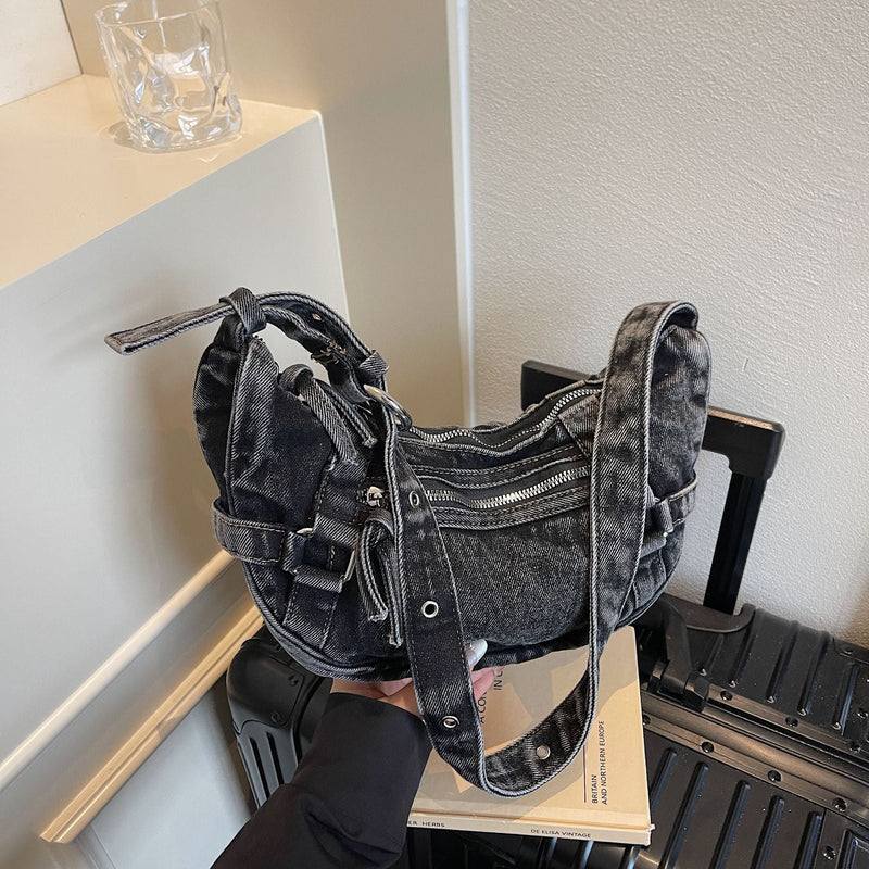 Matin Kim Denim Messenger Bag Retro Wash Crescent Shoulder Bag Women