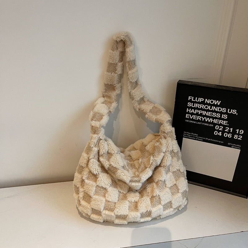 Checkerboard Plush Messenger Bag Versatile Commuter Fashion