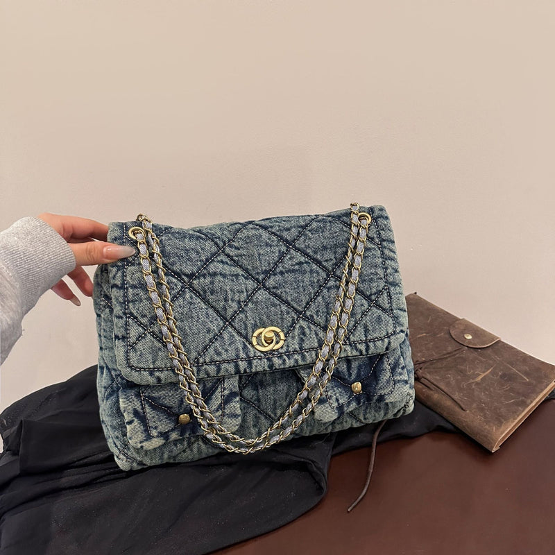 Denim Large Capacity Fragrant Wind Messenger Bag Diamond Chain Shoulder Bag
