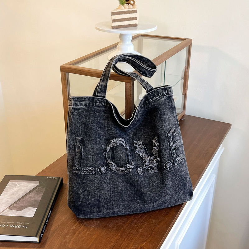Ese Literary Embroidery Denim Shoulder Bag for Girls Large Capacity Commuter Tote