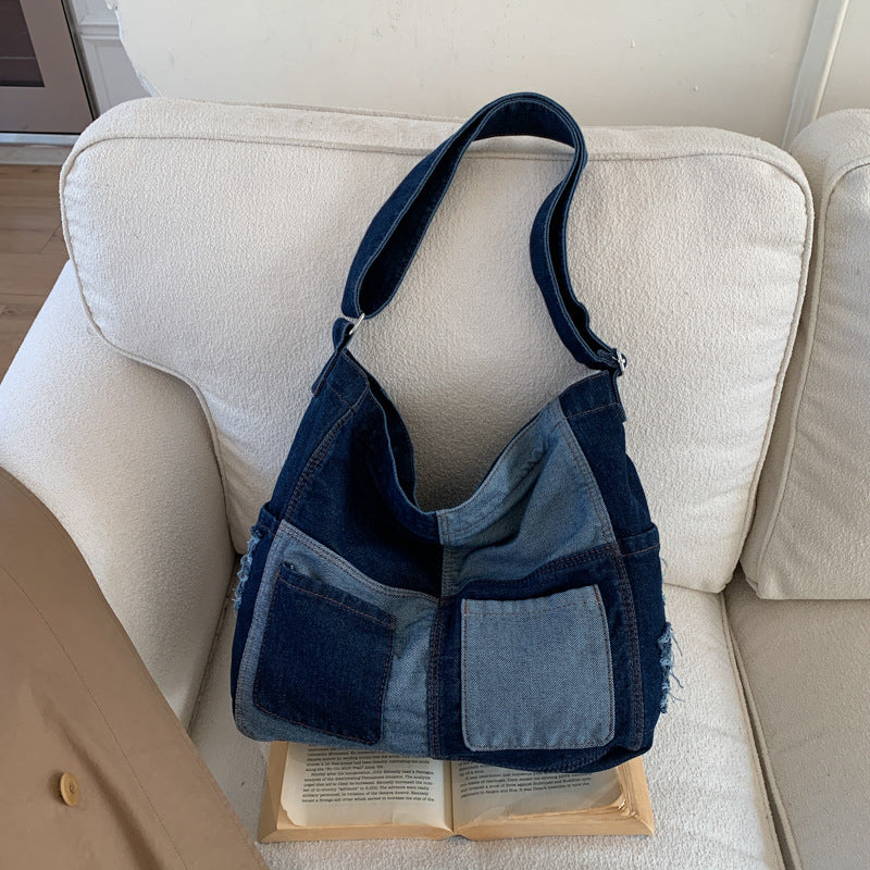 Retro Denim Shoulder Tote Bag Large Capacity Work Commuter